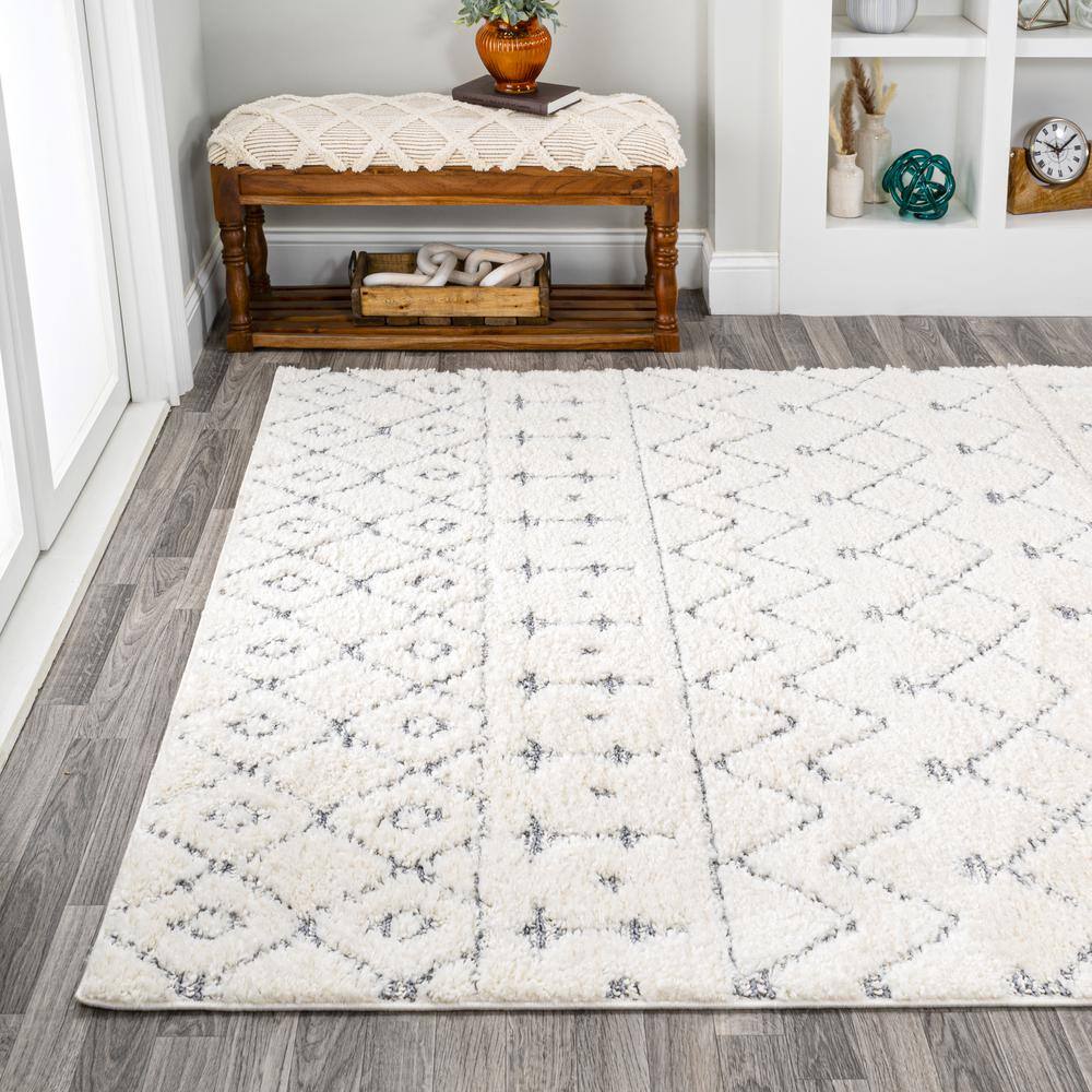 Cream and Gray Moroccan Trellis Shag Area Rug