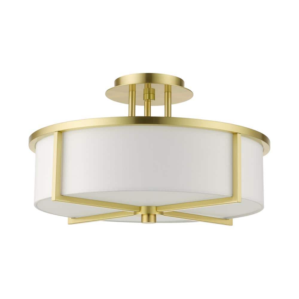 Satin Brass and Glass 3-Light Drum Semi-Flush Mount