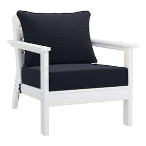 Birchwood Outdoor Patio Deep Seating HDPE Plastic Lounge Chair in White with Navy Blue Cushions