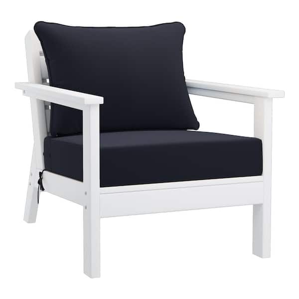 WESTIN OUTDOOR Birchwood Outdoor Patio Deep Seating HDPE Plastic Lounge Chair in White with Navy Blue Cushions