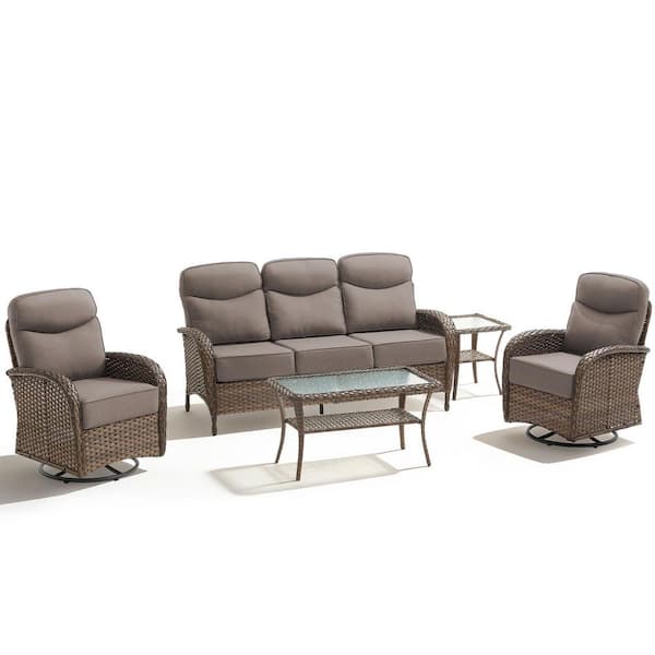 High Crescent 5-Piece Brown Wicker Patio Conversation Set with Gray Cushions