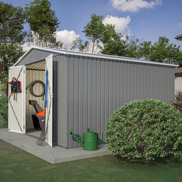 10 ft. W x 10 ft. D Gray Metal Tool Storage Shed Coverage 100 sq. ft. with Lockable Doors