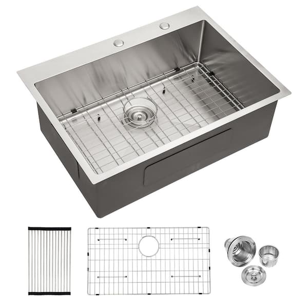 Unbranded 33 in. Drop-In Single Bowl 16 Gauge Brushed Nickel Stainless Steel Kitchen Sink with Accessories