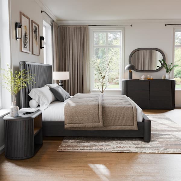 Furniture of America Eastbrook 5-Piece Modern Black Acacia Wood Queen Fluted Bedroom Set And 2 Nightstands with Motion Light