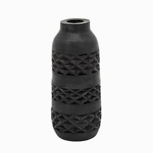 Black Cylinder Wood Vase with Embossed Diamond Patterns