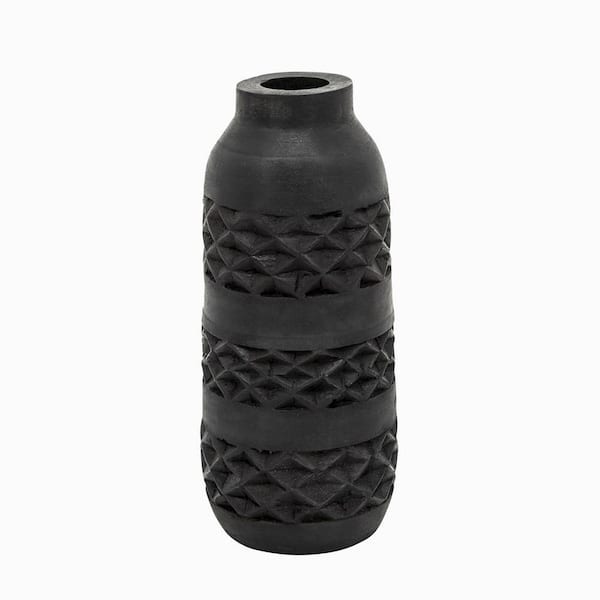 Benjara Black Cylinder Wood Vase with Embossed Diamond Patterns