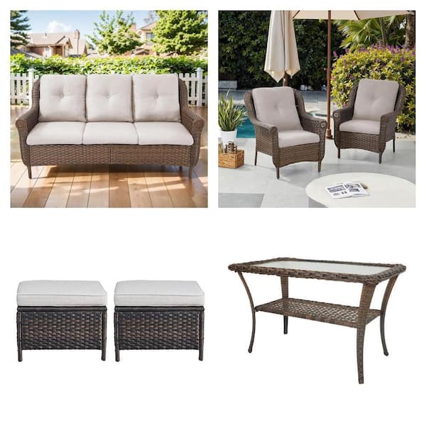 Chrysanthemum Brown Wicker Patio Set: 3-Seat Sofa, 2-Pack Lounge Chairs, 2-Pack Ottoman and Side Table