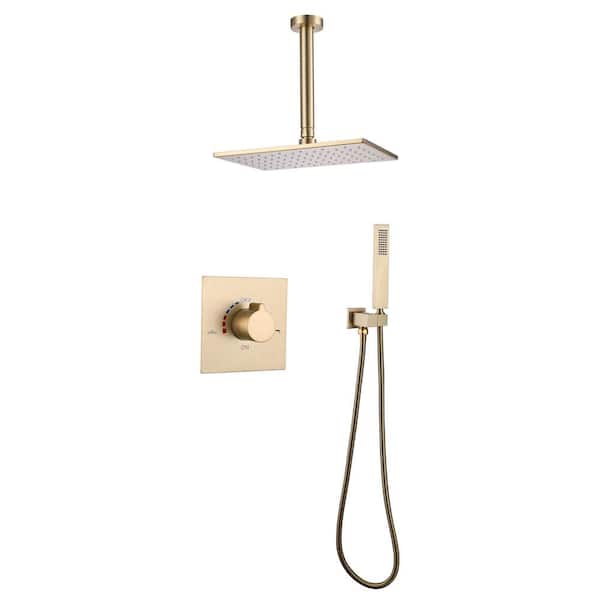 FLG Single Handle 1-Spray Shower Faucet 1.8 GPM with Ceramic Disc Valves Brass Ceiling Mount Shower System in. Brushed Gold