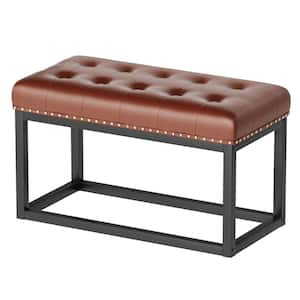 Grondin Mid-Century Modern Brown Faux Leather Entryway Bench with Button Tufted and Nailhead Trim (21.6 x 36.2 x 18.1)