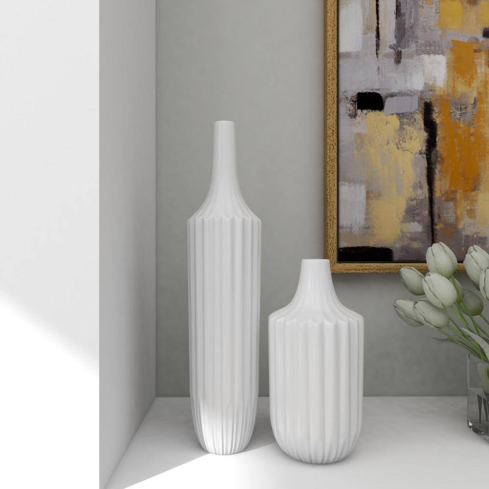 Modern White Ceramic Vase with Stripe Texture 23" Height