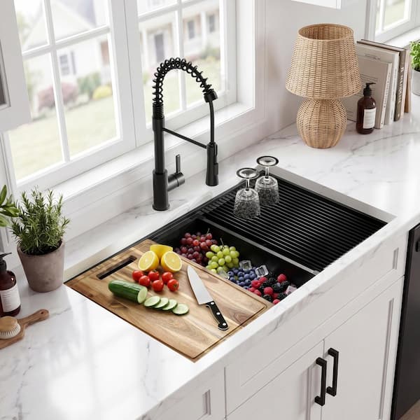 32 in. Undermount Single Bowl 18 Gauge Black Stainless Steel Workstation Kitchen Sink with Black Spring Neck Faucet