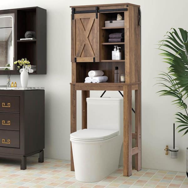 Volenca Wooden 26 in. W x 68 in. H x 10 in. D Brown Over the Toilet Storage with Sliding Door and 3-Level Adjustable Shelves