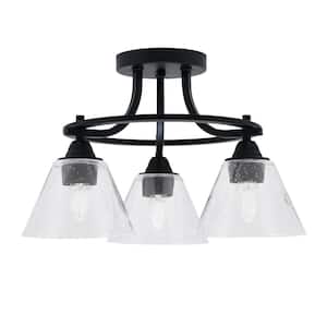 Madison 17 in. 3-Light Matte Black Semi-Flush Mount with Clear Bubble Glass Shade