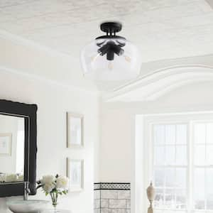 14 in. 3-Light Matte Black Semi-Flush Mount with Clear Glass Shade