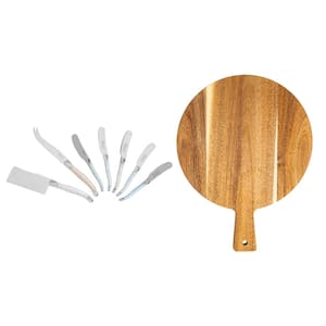 French Home 17 in. Wood Cheese Board with Laguiole Cheese Knives and Spreaders with Mother of Pearl Colored Handles