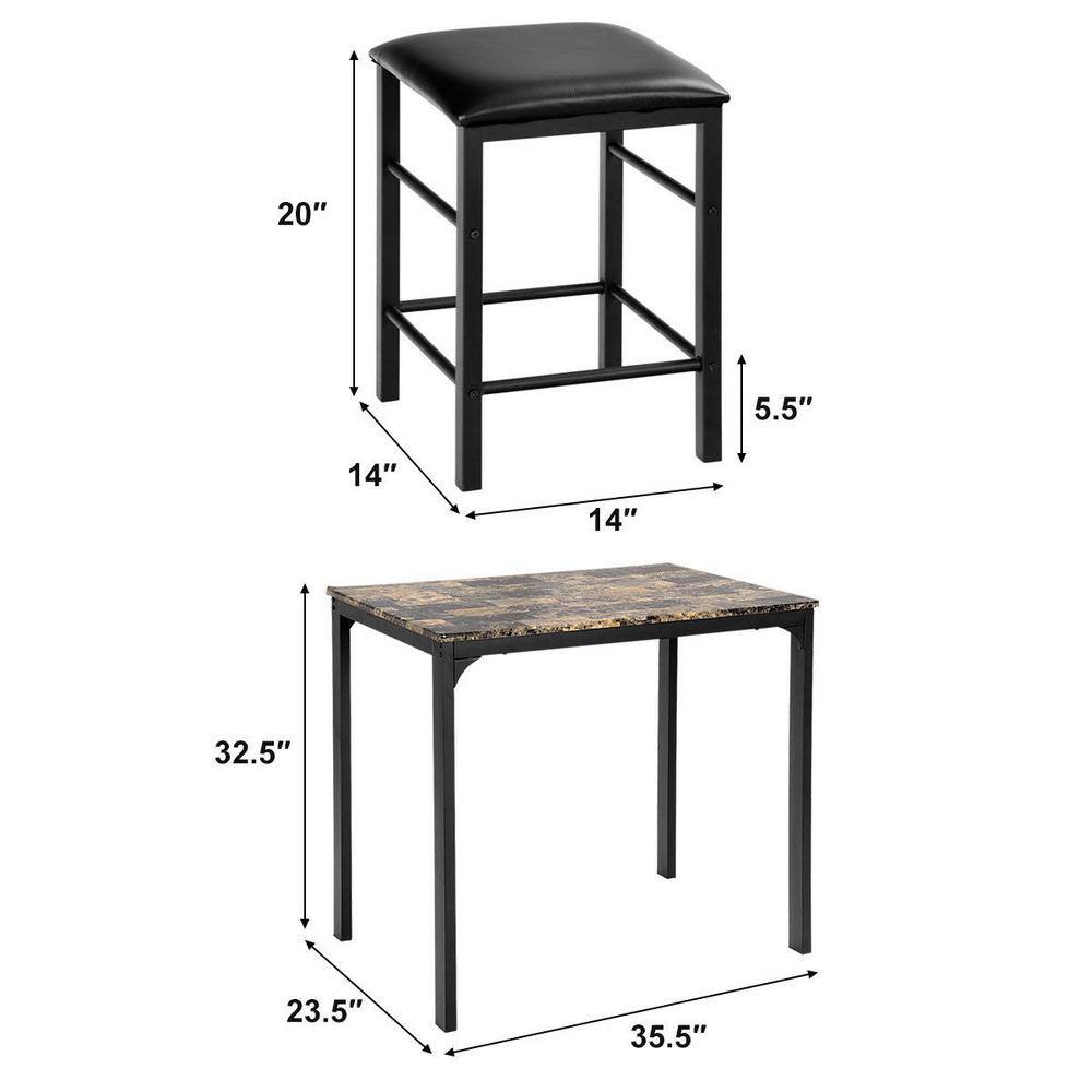 Costway 3-Piece Dark Faux Marble Pub Table Set with Black Chairs