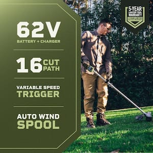 62V Cordless Battery 16in. String Trimmer Cut Swath Brushless Motor with Auto-wind spool and 2.5 Ah Battery and Charger