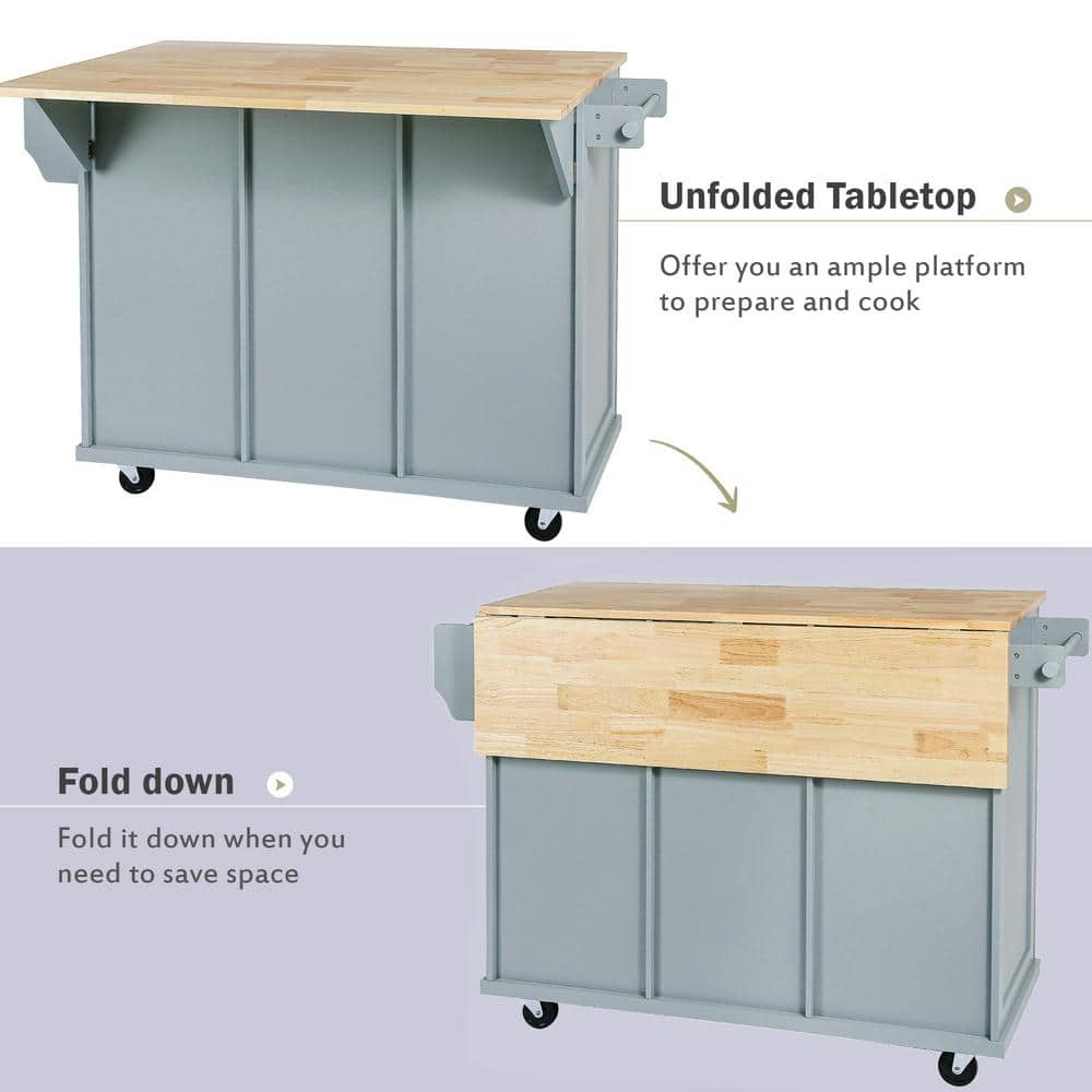 Blue Wood Drop-Leaf Kitchen Cart with Storage and Spice Rack