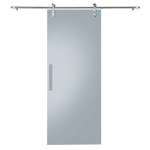 Unbranded 37 in. x 84 in. Glacier Full Frosted Glass Sliding Barn Door with Hardware Kit