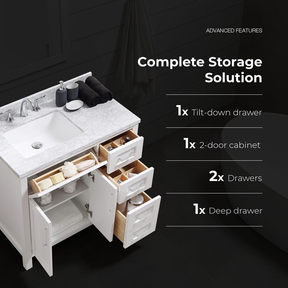 Tahoe 36" Pure White Freestanding Bathroom Vanity with Carrara Marble Top