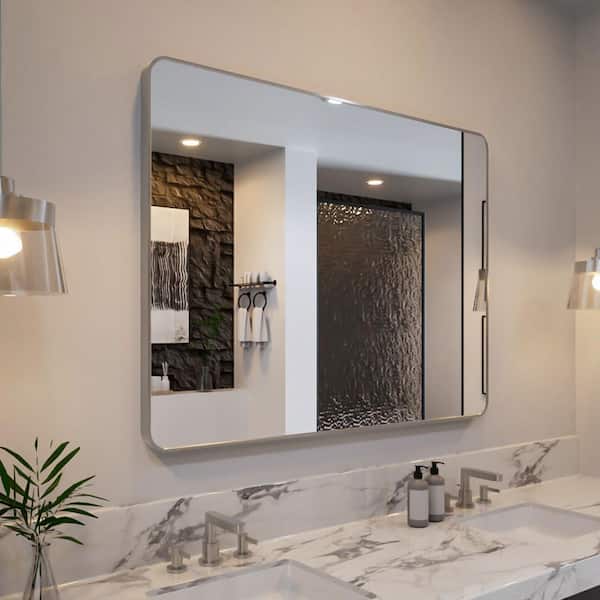 Rivo 48 in. W x 36 in. H Tempered Glass Brushed Nickel Rectangular Framed Wall Bathroom Vanity Mirror
