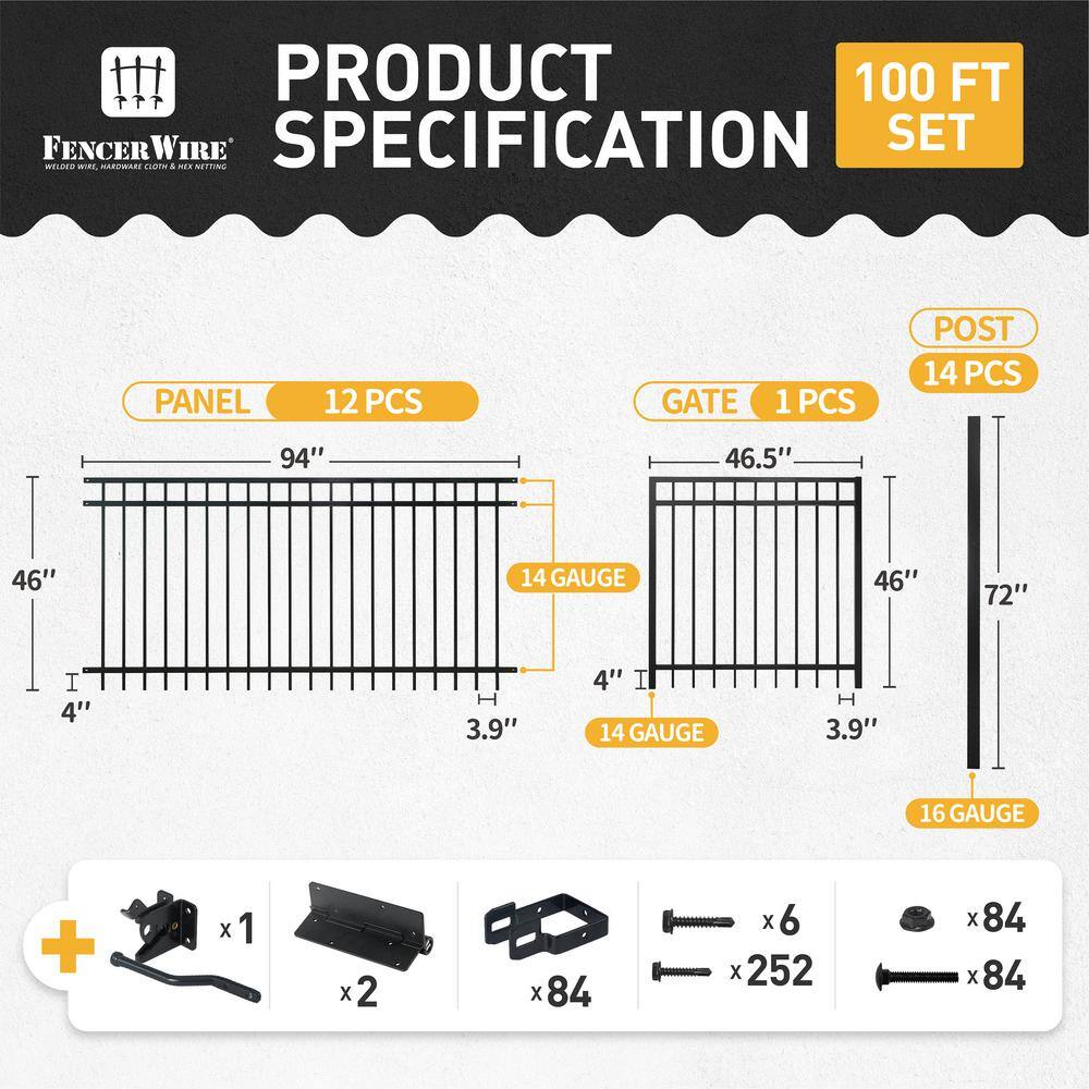 Black Heavy-Duty Flat Top Metal Fence Panels, 4 ft. H x 8 ft. W