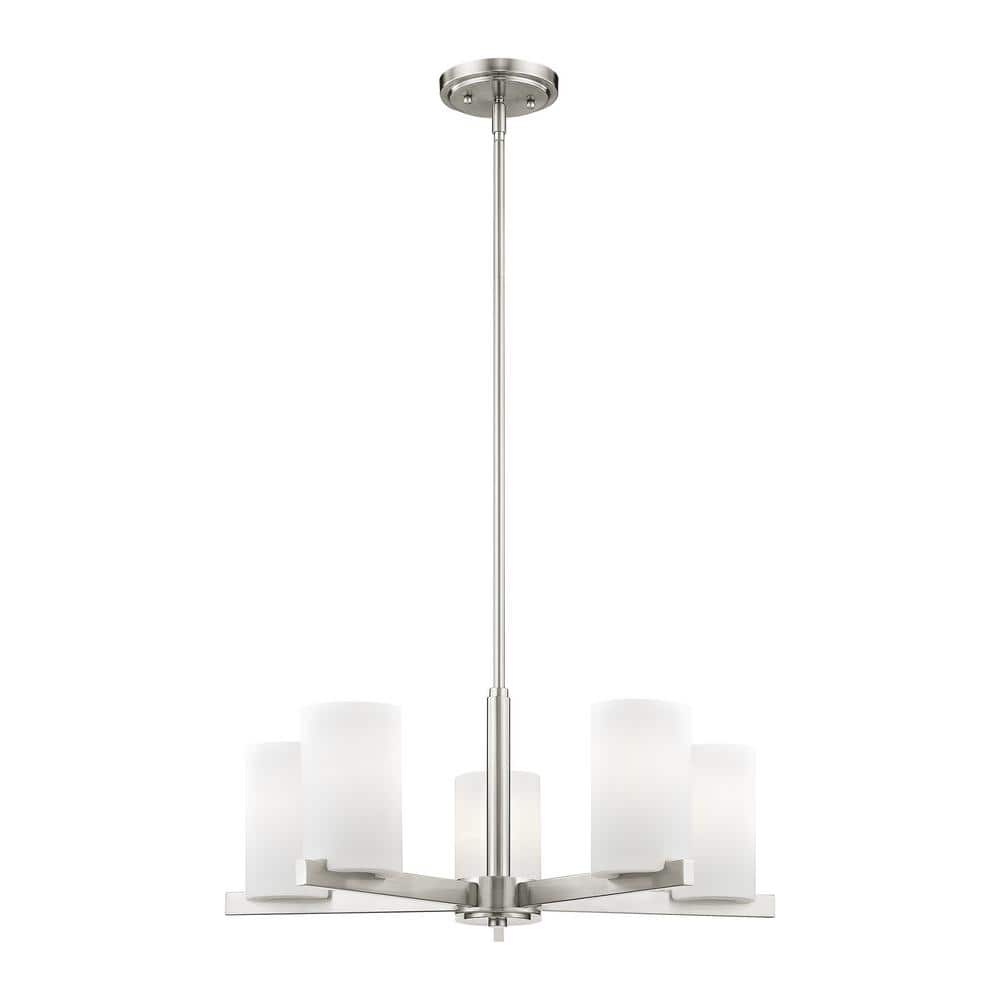 Astoria Minimalist 5-Light Chandelier in Brushed Nickel with Satin Opal Shades