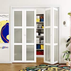 72 in x 80 in (Double 36'' Doors) WhiteThree Frosted Glass Panel Bi-Fold Interior Door MDF and Water-Proof PVC Covering
