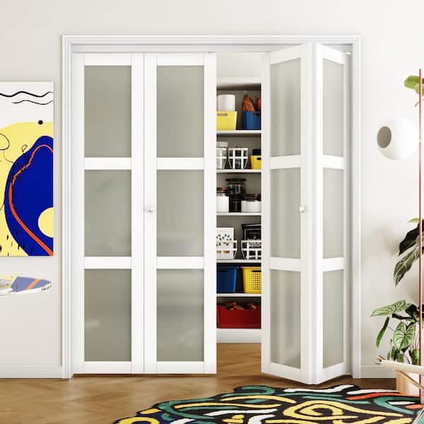 TENONER 72 in x 80 in (Double 36'' Doors) WhiteThree Frosted Glass Panel Bi-Fold Interior Door MDF and Water-Proof PVC Covering