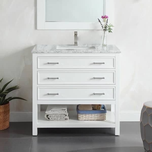 HOMEVY STUDIO Smania 36 in. W x 22 in. D x 35.63 in. H Single Sink Freestanding Bath Vanity in Matte White with Carrara Marble Top