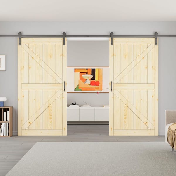 ARK DESIGN 84 in. x 84 in. K-Shape Solid Core Pine Wood Unfinished Sliding Barn Door Slab with Hardware Kit and Soft Close