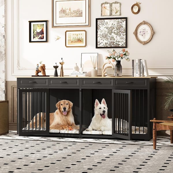 FUFU&GAGA 86.6 in. Wooden Dog Crate Kennel with 4-Drawers and Divider Dog Crates, Large Dog Pens Furniture for 2 Large Dogs, Black