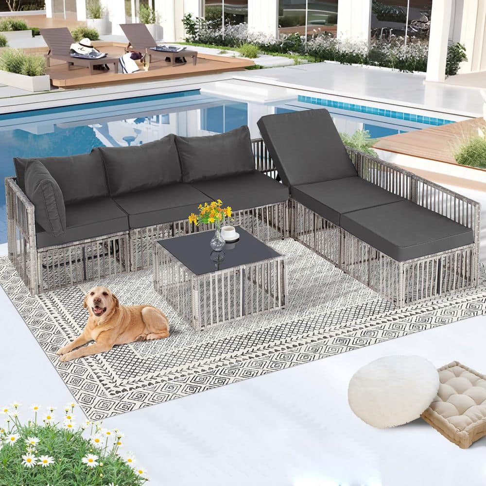7-Piece Outdoor Wicker Sectional Conversation Set with Adjustable Backrest Sofa Grey Cushions and Coffee Table price history on PriceWatchPro