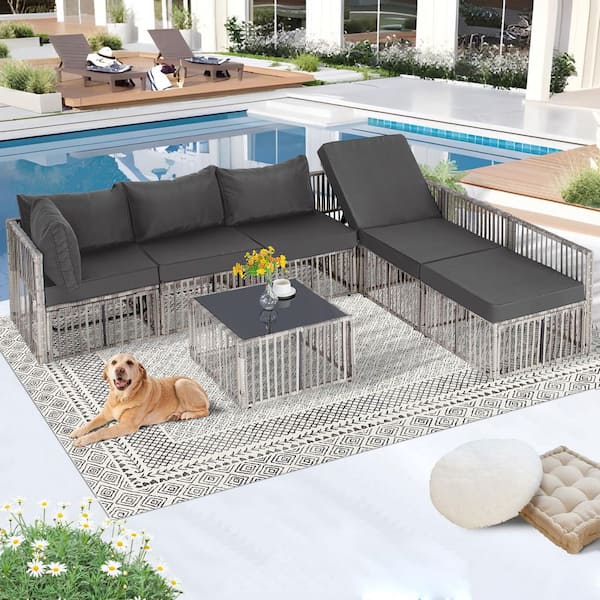 Zeus & Ruta 7-Piece Outdoor Wicker Sectional Conversation Set with Adjustable Backrest Sofa Grey Cushions and Coffee Table