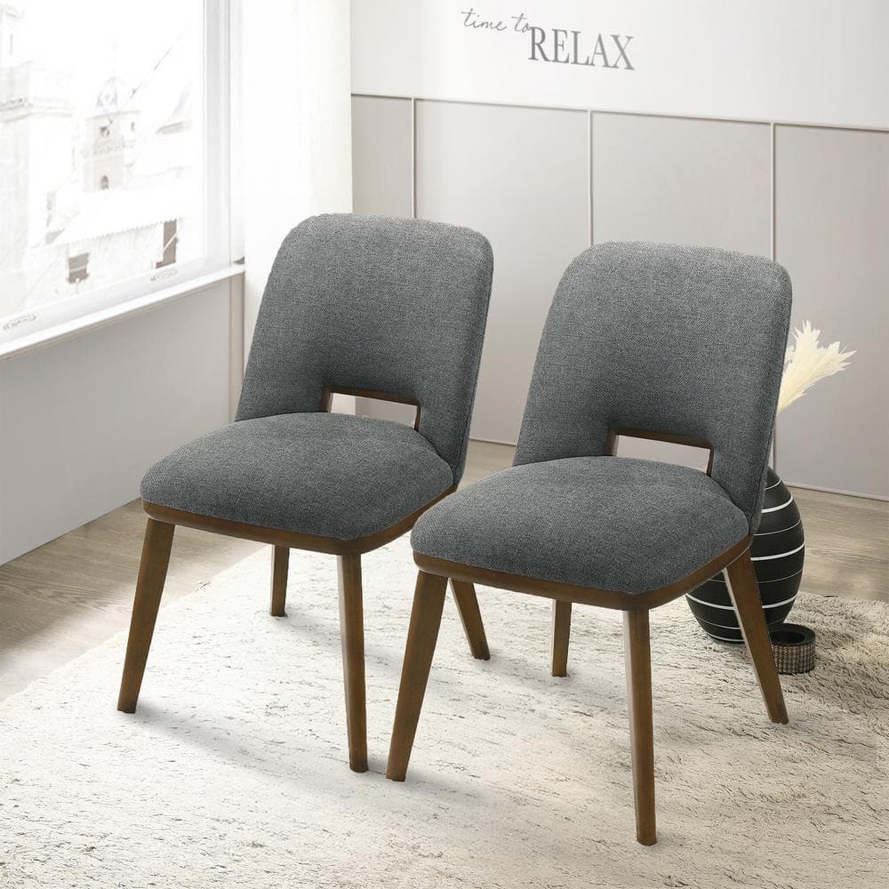 Dark Gray Fabric Mid-Century Modern Dining Chairs with Walnut Base, Set of 2