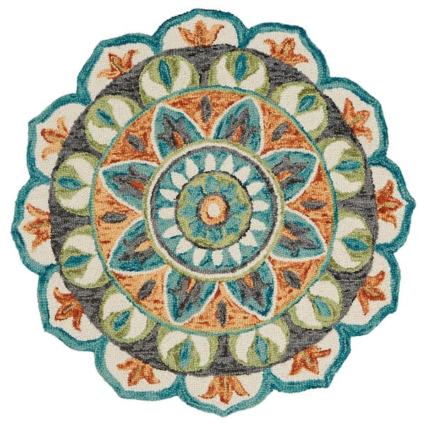 Daliah Geometric Teal/Green 5 ft. Round Medallion Indoor Area Rug