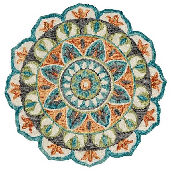 LR Home Daliah Geometric Teal/Green 5 ft. Round Medallion Indoor Area Rug