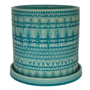 8 in. Dia Aqua Seven Seas Cylinder Ceramic Planter