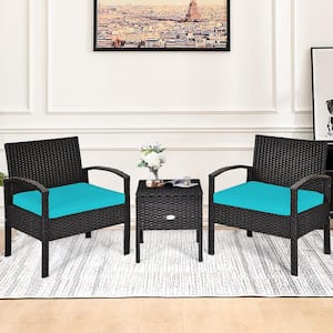 3-Piece Black Wicker Outdoor Bistro Set with Blue Cushions