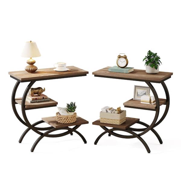 BYBLIGHT Kerlin 23.6 in. Light Brown Wood and Metal C-Shaped End Table Set of 2,3-Tier Side Table with Shelves for Living Room