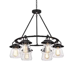 Hartwell 6-Light Modern Farmhouse Antique Black Wagon Wheel Chandelier with Clear Glass Shade