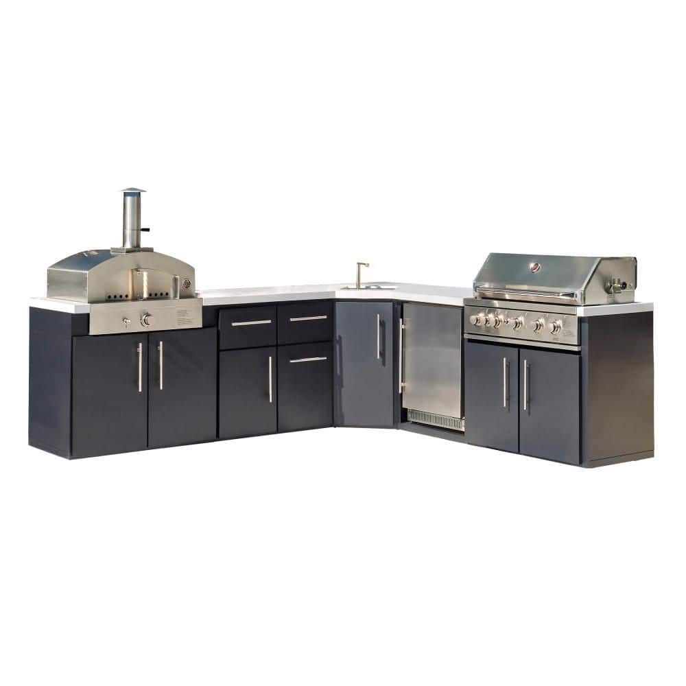 Emory Corner 5-Burner Propane Gas Grill Island Outdoor Kitchen in Black Galvanized Steel w/ Pizza Oven, Fridge and Sink price history on PriceWatchPro
