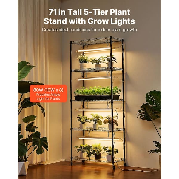80-Watt LED Full Spectrum Grow Lights, 5-Tier Indoor Plant Stand with Timer, Wheels, Display Rack for Indoor Plants