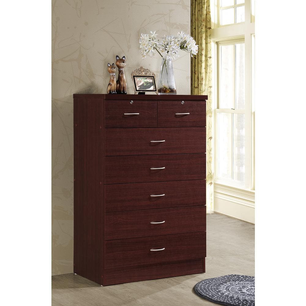 Mahogany Vertical 7-Drawer Dresser Chest with Dual Locks