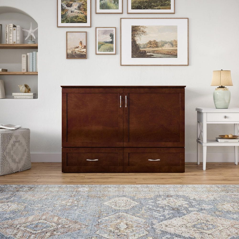 Walnut Full Murphy Bed Chest with Upholstered Wood Frame and Drawer