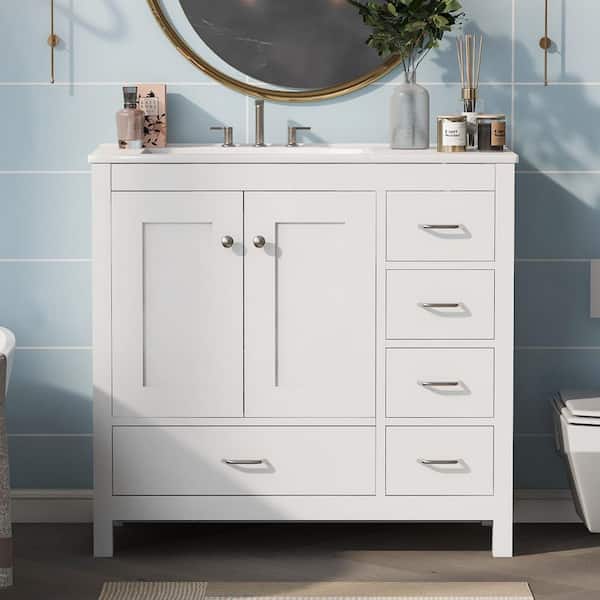 36 in. W Single Sink Freestanding Bath Vanity in White with White Ceramic Top, 2 Soft Close Doors and 5 Drawers