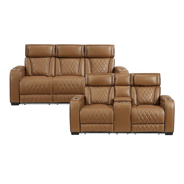 Clumber 84 in. W Pillow Top Arm Faux Leather Rectangle 2-Piece Power Double Reclining Sofa Set in Brown