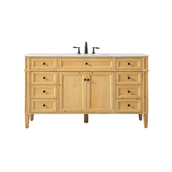Unbranded Timeless Home 60 in. W x 21.5 in. D x 35 in. H Single Bathroom Vanity in Natural Wood with White Marble