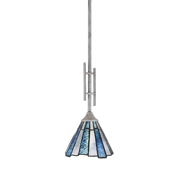 Unbranded Ontario 60-Watt, 1-Light Aged Silver Stem Hung Mini Pendant Light with Sea Ice Art Glass Shade and No Bulb Included