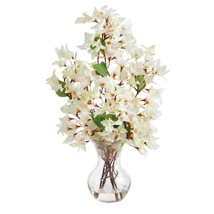 22 in. White Artificial Bougainvillea Arrangement with Fluted Glass Vase